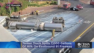 Tanker Truck Spills 7000 Gallons Of Milk Shutting Down Eastbound 91 Freeway In Riverside For Hours [upl. by Tsai]