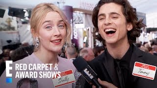 Saoirse Ronan amp Timothee Chalamet Talk Names Being Butchered  E Red Carpet amp Award Shows [upl. by Aiblis]