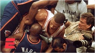 PJ Brown fights Charlie Ward during Knicks vs Heat 1997 NBA playoff game  ESPN Archives [upl. by Burnight]