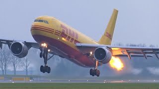 DHL A300600F BIRDSTRIKE amp FLAMES From The Engine On Takeoff At Amsterdam Schiphol Airport [upl. by Ellenad]