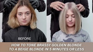 How to tone brassy golden blonde to a beige blonde in 5 minutes or less  Kenra Color [upl. by Gianni]