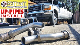 2001 F350 73  RiffRaff UpPipes Install  Stock up pipes leaking and falling apart JUNK SP [upl. by Camfort]