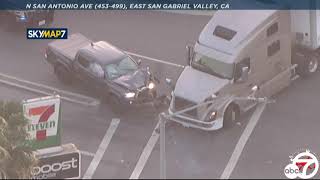 Murder suspect crashes into big rig in Pomona ending dangerous police chase  ABC7 [upl. by Dash]