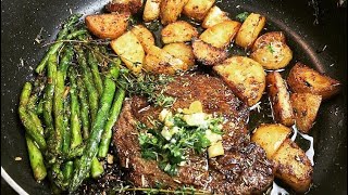 GARLIC BUTTER STEAK AND POTATO  RIBEYE STEAK POTATO AND ASPARAGUS [upl. by Clyve240]