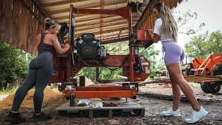 Two Beautiful Blondes Cutting Dimensional Lumber On The Sawmill [upl. by Parthenia]