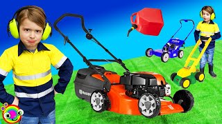 Lawn Mowers for Kids  Learning Yard Work Kids  min min playtime [upl. by Lledyl]