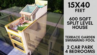 15X40 Feet Split Level House Design with Interior  Terrace Garden amp Pool at Rooftop  ID051 [upl. by Anitnahs]