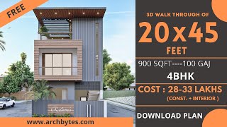 20x45 House Design 3D  900 Sqft  100 Gaj  4 BHK  Modern Design  Terrace Garden  6x14 Meters [upl. by Analla425]