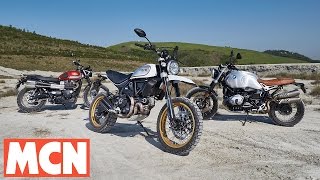 MCN Scrambler Group Test  Review  Motorcyclenewscom [upl. by Sadinoel]