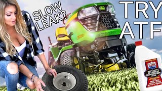 HOW TO FIX A SLOW LEAK TRACTOR TIRE WITH AUTOMATIC TRANSMISSION FLUID ATF FILLS DRY ROT CRACKED TIRE [upl. by Alyad715]