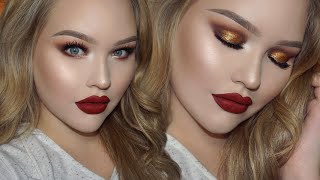 Gold Smokey Eyes  Classic Red Lips  Holiday Glam Makeup [upl. by Ainirtak43]